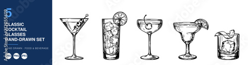 Classic Cocktail Glasses Hand-Drawn Set, Detailed Line Art Illustration of Various Drinkware with Garnishes. Elegant Beverage Design.