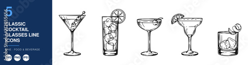 Cocktail Glasses Line Icon, a Set of Five Classic Cocktail Glasses with Garnishes, Detailed Line Art Illustration.