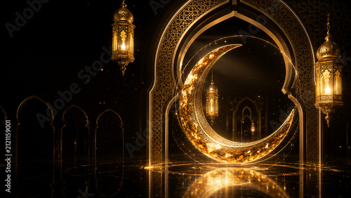 Luxury golden crescent moon and glowing Arabic lanterns on an ornate black Islamic background with copy space, ideal for Ramadan Kareem, Eid Mubarak banners and greeting cards.
