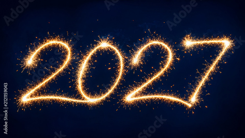 Glowing golden 2027 New Year sparkler text on dark blue bokeh background with reflection. Perfect luxury overlay template for festive holiday greeting cards and celebration banners.