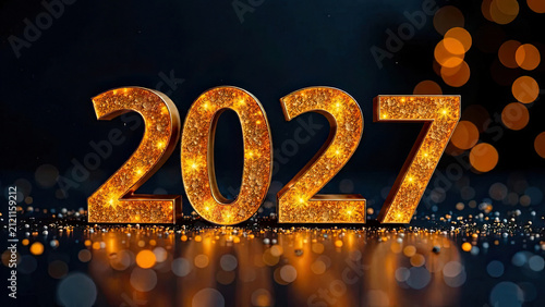 Glowing golden 2027 numbers with sparkling lights and reflections on a dark blue luxury background, ideal for New Year banners, greeting cards, festive advertising and holiday designs.