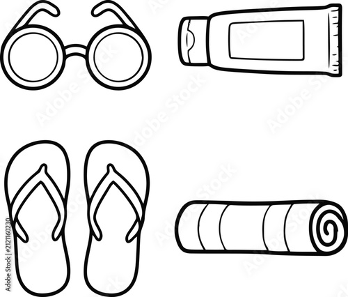 Summer vacation essentials icons including sunglasses sunscreen cream flip flop sandals and a beach towel roll