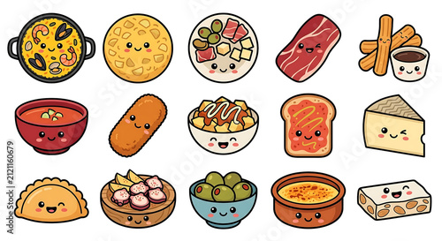 Cute Spain Food Collection Kawaii Retro Bold Line Vector Isolated on White Background