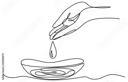 Continuous one line drawing of a hand holding a single water drop falling into a bowl Vector, illustration
