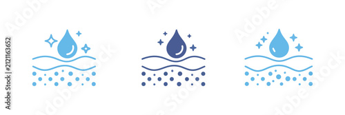 Skin hydration icons showing moisture absorption, water droplets penetrating dermal layers, skincare treatment, and cosmetic vector illustration