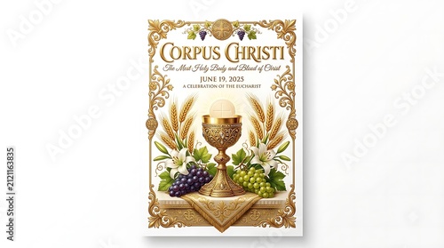 Corpus Christi religious poster design. Eucharist chalice with golden wheat and grapes.