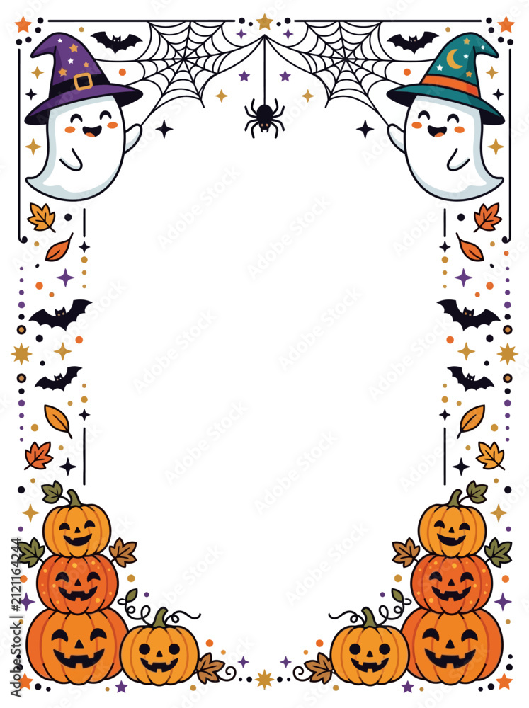 Fototapeta premium Halloween holiday border with cute cartoon ghosts, stacked pumpkin jack-o-lanterns, and bats, vertical vector template.