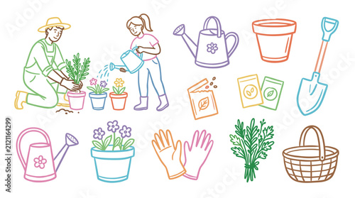 Gardening tools, plants, and people engaged in horticulture activities are depicted in a vibrant collection of colorful outline illustrations.