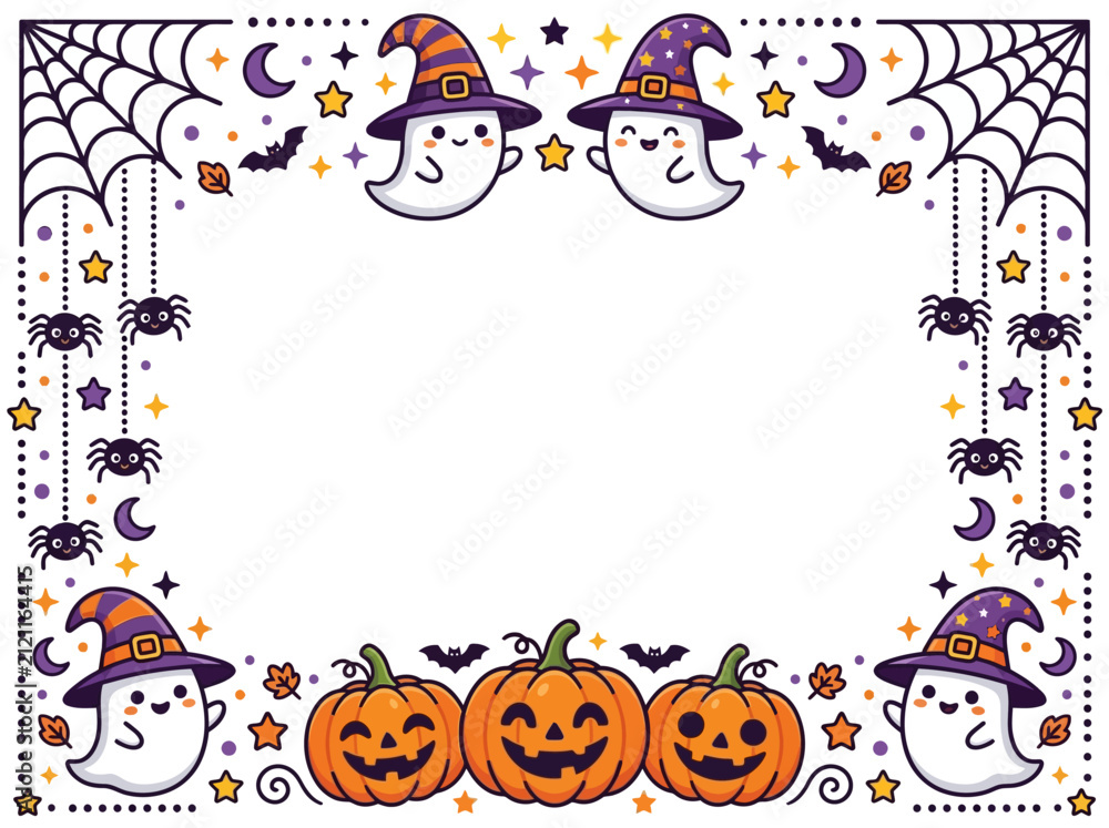 Fototapeta premium Cute Halloween border frame with cartoon ghosts, pumpkins, and spiders vector illustration on white background.