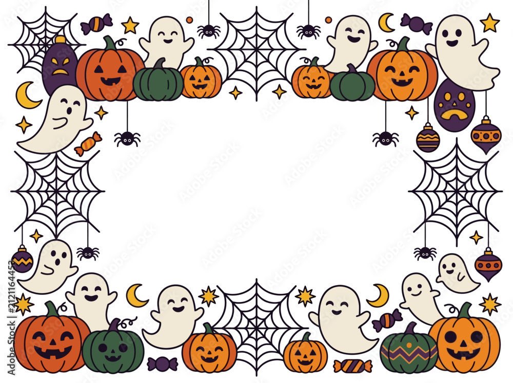 Fototapeta premium Cute Halloween frame illustration featuring ghosts interacting around pumpkins and spiderwebs on a white background