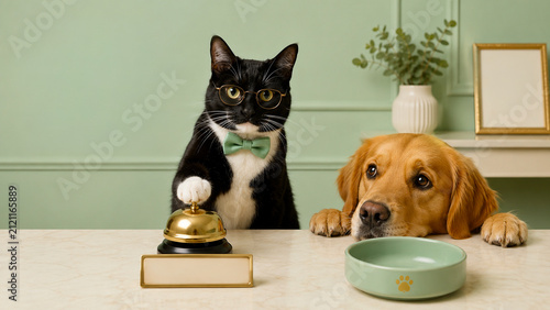 Black and white cat ringing a service bell beside a golden retriever and empty food bowl in a modern green interior. Ideal for pet food, care and humorous advertising.