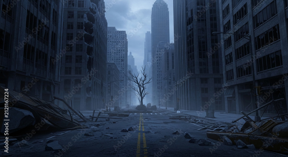 Obraz premium Ruined city street with damaged buildings, debris, and a lone bare tree symbolizing destruction and post-apocalyptic desolation.