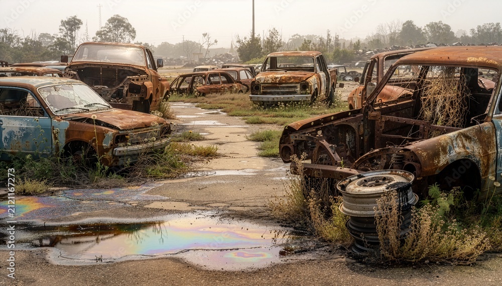 Fototapeta premium Wide angle view of car graveyard filled with corroded vehicles.