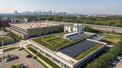 Eco-friendly buildings with green roofs and solar