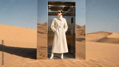 Surreal fashion portrait of a woman in a white coat standing inside a mirrored elevator in desert dunes. Ideal for editorial, luxury, travel and creative advertising.