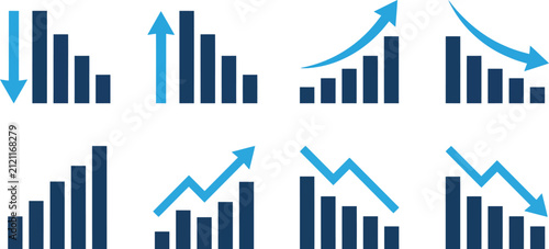 Obraz na plátne Set of eight flat bar charts with blue arrows indicating upward growth, downward
