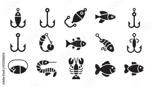 Foto Set of fishing hooks and lures with fish for anglers and seafood lovers