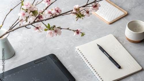 Creative workspace with spring blossom