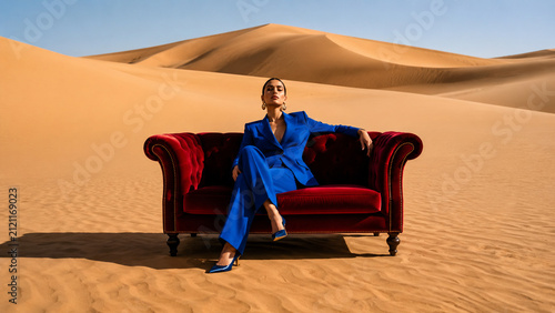 Fashion portrait of a woman in a blue suit seated on a red velvet sofa among desert dunes. Ideal for editorial, luxury, furniture and creative advertising.