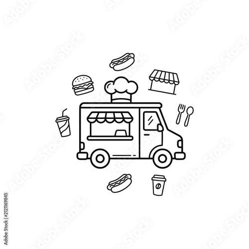 Burger food truck vector outline icon.