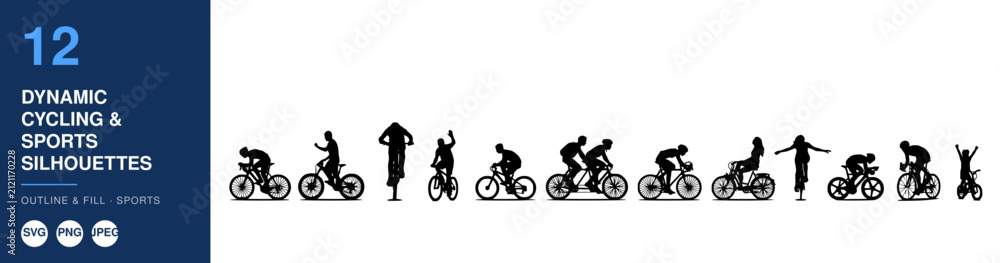 Obraz premium Cyclists Silhouettes in Dynamic Poses, Showcasing Various Cycling Styles and Sports Maneuvers. a Conceptual Illustration for Fitness and Active