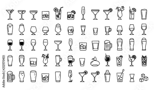 Cocktail Glass and Beverage Line Icon Collection Vector Bar Drink Symbol Set Illustration Design