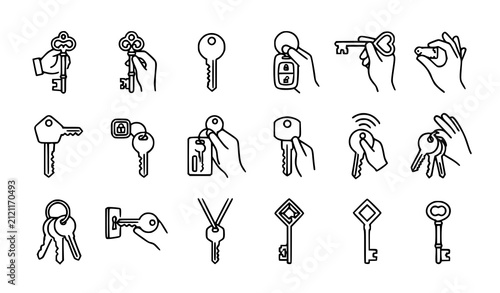 Key and Hand Gesture Line Icon Collection Vector Lock Unlock Security Symbol Set Illustration