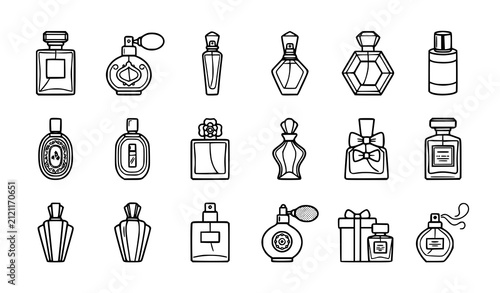 Luxury Perfume Bottle Line Icon Collection Vector Fragrance Cosmetic Beauty Symbol Set Illustration Design
