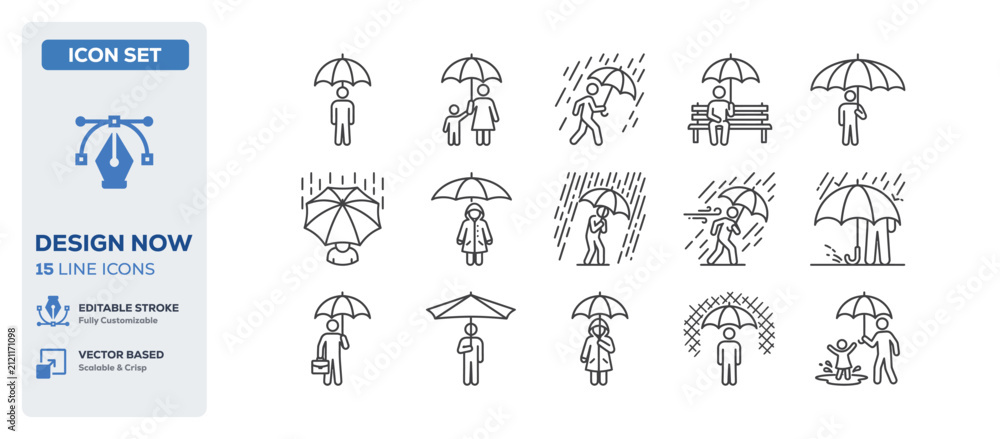 Fototapeta premium flat vector illustration line art icon bundle set design representing weather icons rain umbrellas and rainy day activities for meteorology and climate forecast apps