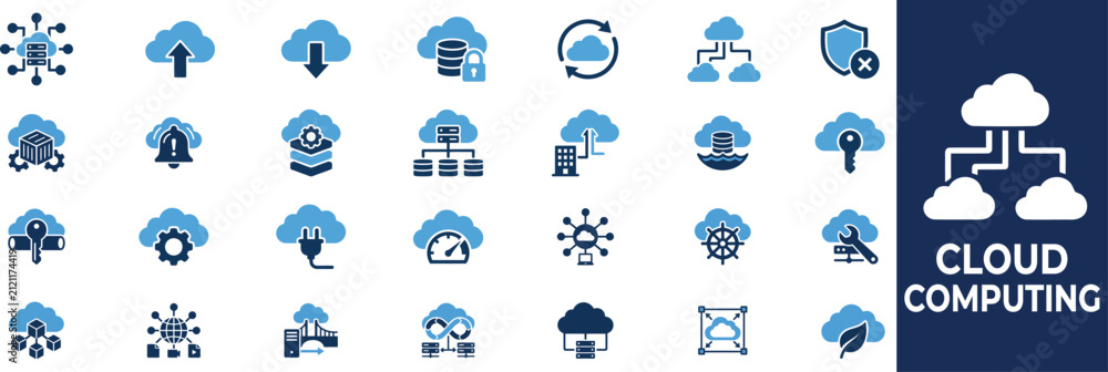 Fototapeta premium Cloud computing icon set. data storage, server network, web hosting, internet technology, database, digital security. solid vector editable icons collection illustration.
