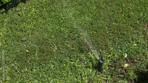 Automatic irrigation sprinkler watering a well-maintained green lawn on a sunny summer day. Close-up of a rotating garden sprinkler spraying water across fresh grass.