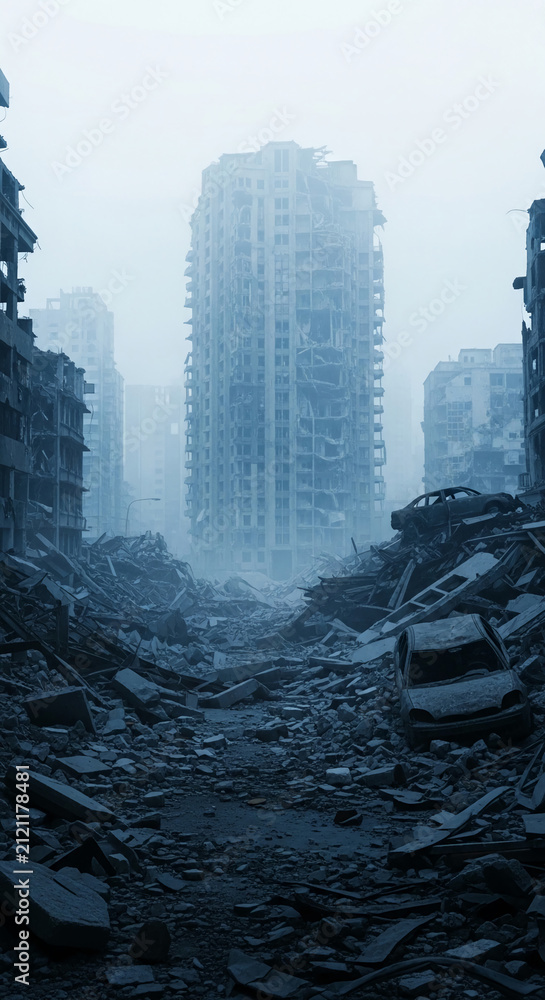 Obraz premium Ruined city landscape with debris and damaged buildings, symbolizing destruction, disaster, and aftermath, evoking a sense of desolation