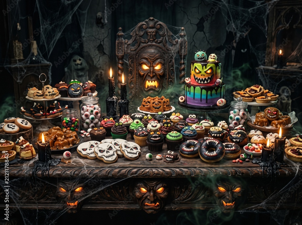 Fototapeta premium Spooky Halloween Banquet Table Loaded With Festively Decorated Treats And Desserts