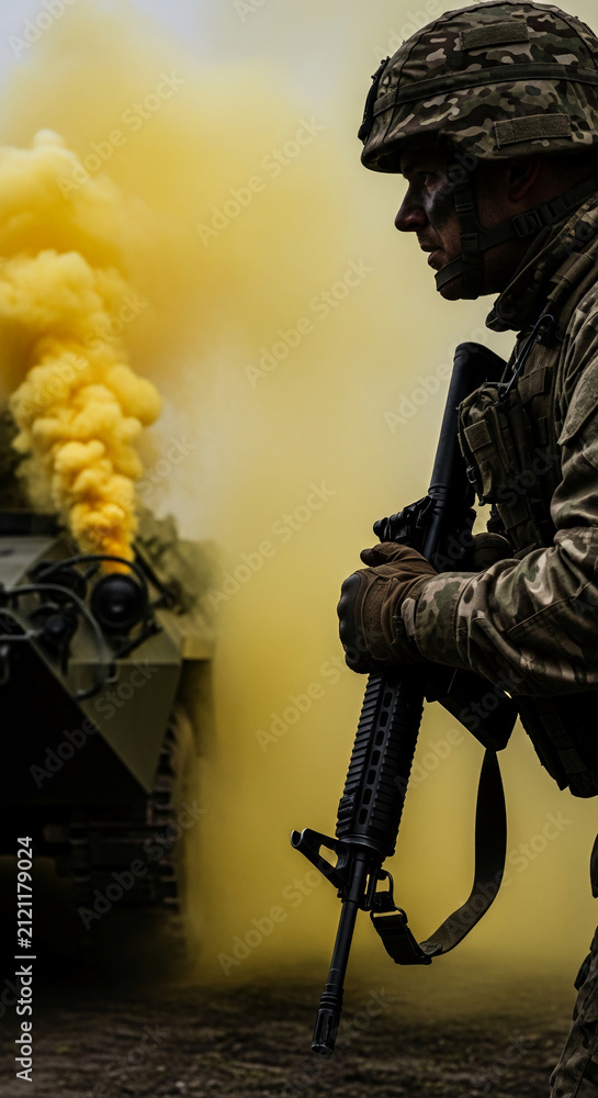 Obraz premium Soldier with rifle in camouflage against yellow smoke, representing conflict, defense, and military action, symbolizing strength and readiness.