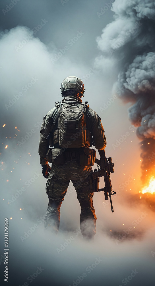 Obraz premium Soldier standing in smoke with fire in background, symbolizing conflict, readiness, and danger, representative of military operations