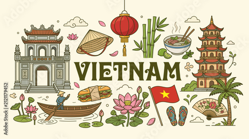 Vibrant Vietnam cultural collage featuring iconic landmarks, lotus blooms, traditional boats, temples and pagodas with red star flag