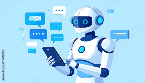 Modern robot character analyzing data charts and graphs.