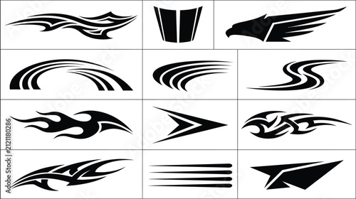 Collection of black car decals, tribal flame patterns, eagle head, and speed lines for automotive vinyl wrap and exterior decoration