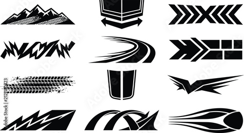Collection of black car racing decals featuring mountain silhouettes, tire tracks, and speed arrows on a white background