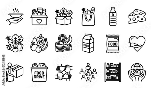 Black and White Food Donation and Charity Line Icons Vector Set