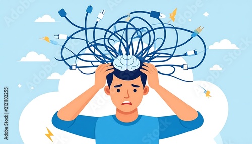 Man in blue shirt thinking with gears concept.