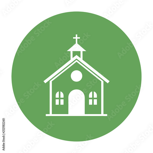 White church building icon on green background