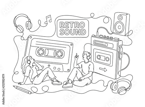 Cassette Tape Retro. Clean one-line drawing banner composition showing oversized cassette tape and large vintage player with 2 music lovers enjoying retro audio, scattered headphones, music note,