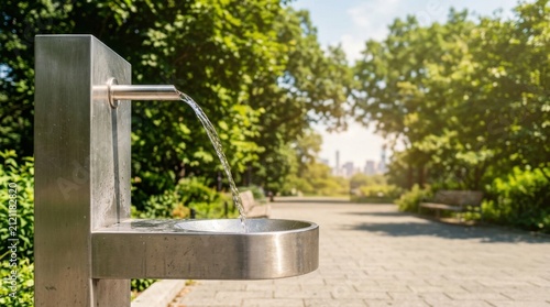 Stream water pouring stainless steel fountain sunny urban park trees city