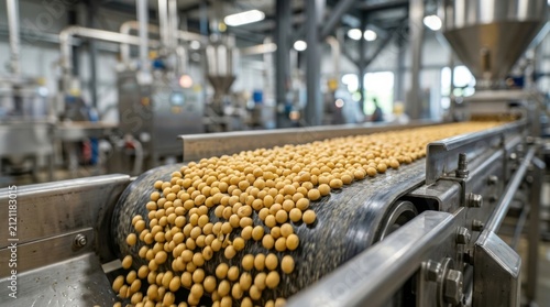 Soybeans moving along metal conveyor belt modern industrial food processing facility