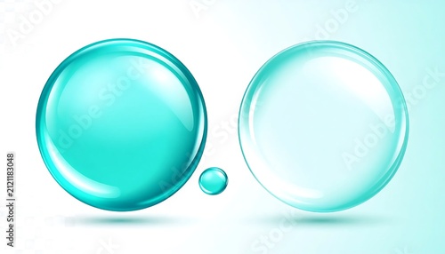 Blue and white glass soap bubble spheres floating.