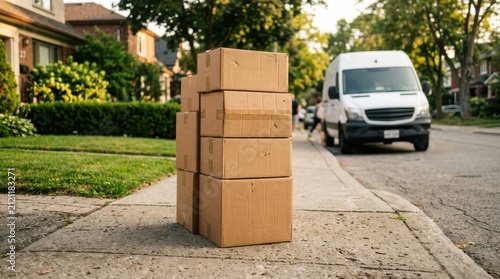Stack cardboard boxes suburban sidewalk white delivery van parked street