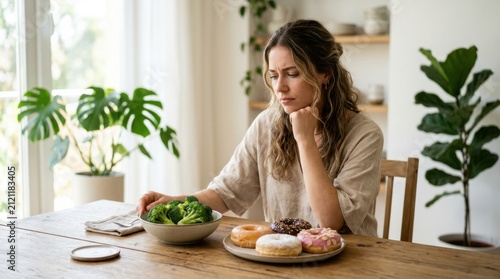 Young woman sitting wooden table looking conflicted bowl fresh broccoli plate colorful donuts