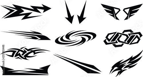 Set of black tribal car decals, wing shapes, arrows, and abstract swirl patterns for automotive vinyl wrap and exterior vehicle styling