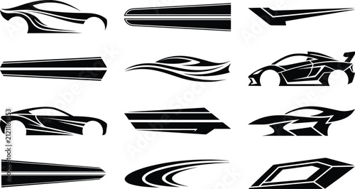 Set of black car racing decals featuring sports car silhouettes, speed stripes, and geometric patterns on a white background
